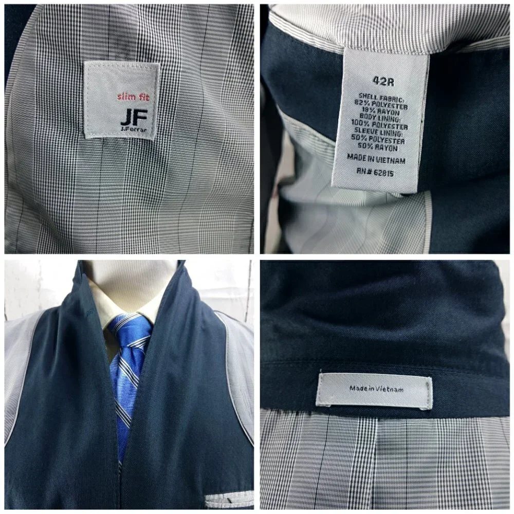 JF J Ferrar Slim Fit 42R 2 Button Bluish Gray Stitched Lapel Suit Blazer Jacket